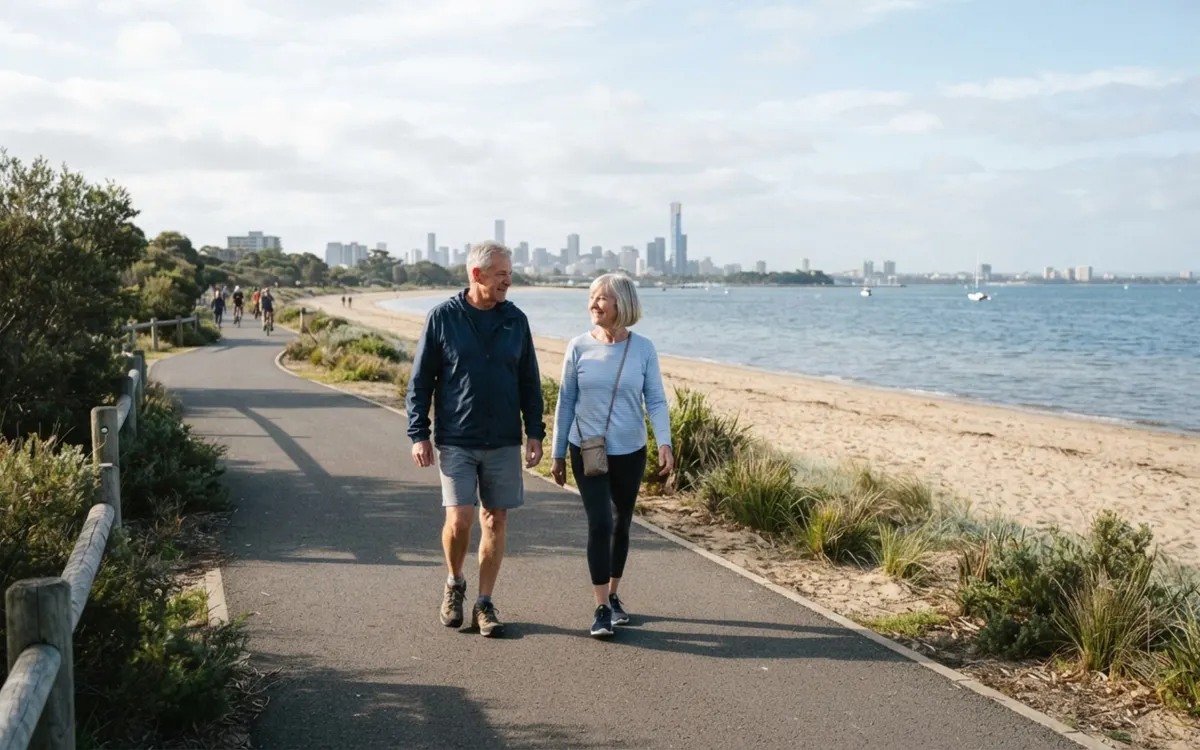 An active senior couple walking together on a Melbourne bayside foreshore path